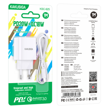 Ładowarka Sieciowa Kakusiga KSC-925 PD 20W 3A+QC3.0 USB2 FAST CHARGING TYP-C / LIGHTNING WHITE