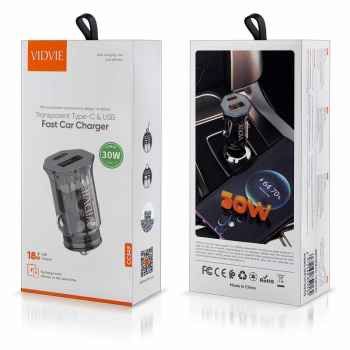 Ładowarka samochodowa VIDVIE CC549 30W 1xUSB+1xType-C+ kabel Type-C/Type-C czarna